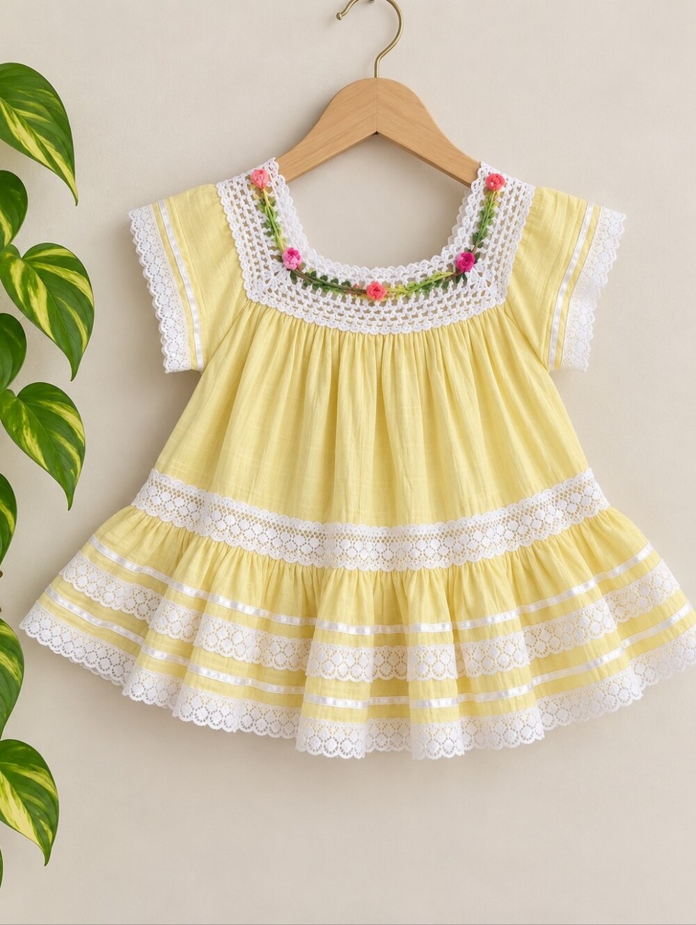 V I N T A G E :: Cotton Yellow Lace Trim Baby Dress Or Toddler Top